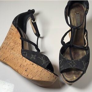 Black and gold Louis Vuitton wedges